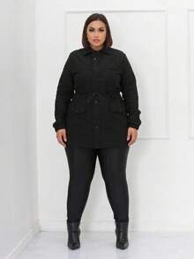 Plus Size Winter Overcoat In Bengaline Fabric With Drawstring, Zipper, And Button Closure. This Winter Parka Coat/Blouse Is Perfect For Sizes G1, G2, And G3. - màu đen - Xem 6