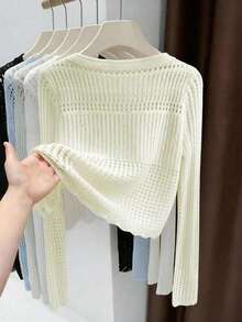 Áo khoác cardigan dệt kim thoáng khí khoét lỗ dành cho nữ, tay dài, nhẹ, chống nắng, thiết kế tối giản màu trắng. - trắng - Xem 2