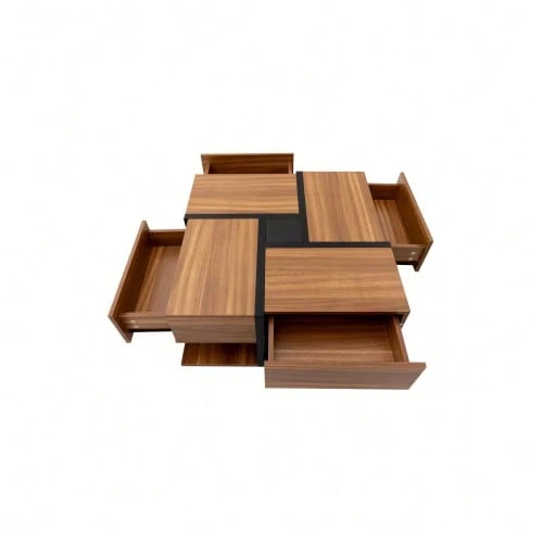 High-Gloss Coffee Table With 4 Drawers, Linear Design And Unique Color Combination, Storage Space Underneath. 78 X 78 X 36 Cm. - Natural Color - View 1