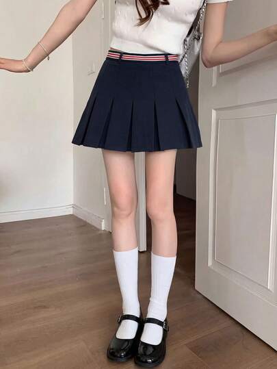 女士秋冬休闲百褶撞色高腰A字迷你裙，适合娇小身材的百搭半身裙