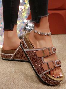 Gold Foil Fashion Crystal Thick Bottom Platform Slippers, Suitable For Spring And Summer - Brown - View 10