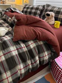 4 件套 Maillard 羽绒被套套装，砖红色和黑色格子，双层雪纺，涤纶，（1 个羽绒被套 + 1 个床单 + 2 个枕套），适合秋冬季，卧室装饰，节日礼物，不包括枕芯，枕套图案随机裁剪 - 黑紅 - 查看 3