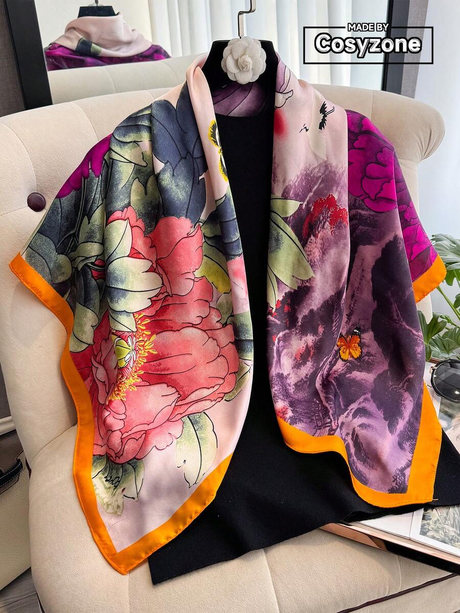 1条优雅印花90厘米方巾，适合休闲时尚的户外佩戴，可用作头巾、发带、披肩，是您服装的完美配饰，也是海滩、度假、旅行的必备单品。 - 彩色 - 查看 1