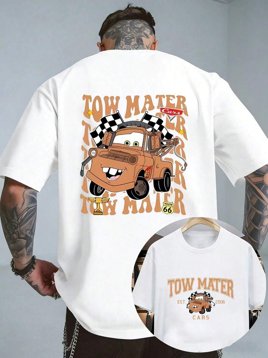 Disney Men'S T-Shirt From The Cars Series Featuring Tow Mater Print, This Round-Neck Casual Tee Is Breathable And Lightweight, Perfect For Sports And Leisure Wear. It Has A Loose Fit, Making It Suitable For Gifting, Outings, And Parties - 白色 - 查看 1
