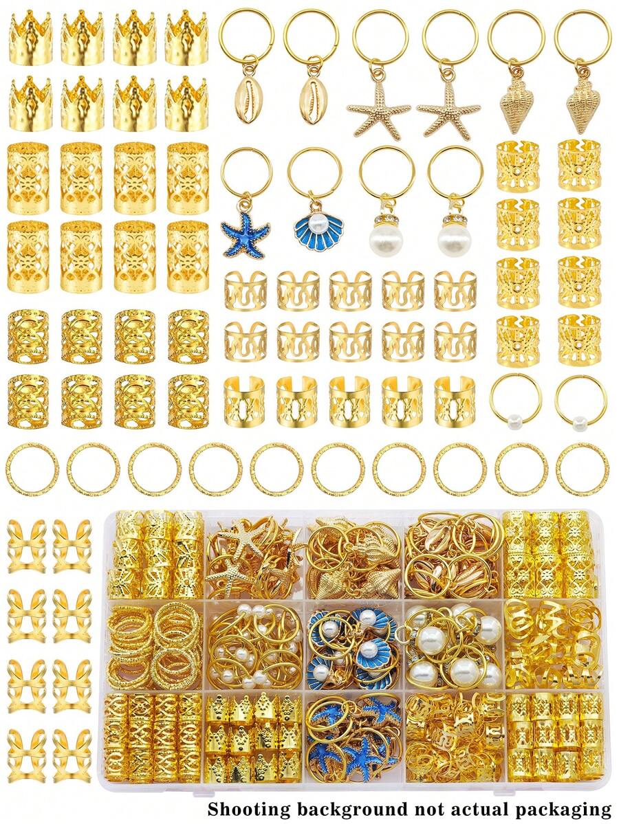 Bộ 192 chiếc dây buộc tóc họa tiết đại dương, hình vỏ sò, sao biển, ốc xà cừ, kẹp tóc hợp kim đa hình có thể điều chỉnh, trang sức phong cách Bohemian bãi biển phù hợp cho cả nam và nữ với các kiểu tóc tết và tạo kiểu tóc khác nhau. - Vàng - Xem 1