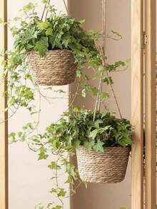 1pc Woven Hanging Planter Basket, Handmade Wicker Flower Pot For Greenery - Beige - View 8