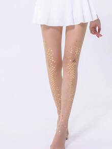 女士闪亮水晶渐变菱形图案透明连裤袜，适合派对穿着 - 杏色 - 查看 11