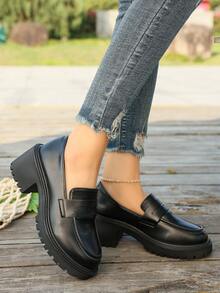 Women's Platform & Wedge Slip-On Shoes, Metal Buckle Decor Loafers, New Arrival Women's High Heels, Mary Jane Shoes, School Style Shoes, New Loafers, Slip-On Shoes For Easy Wear, Office Lady Shoes, Plus Size Women's Shoes, Black Shoes, Black High Heel Pumps - Black - View 6