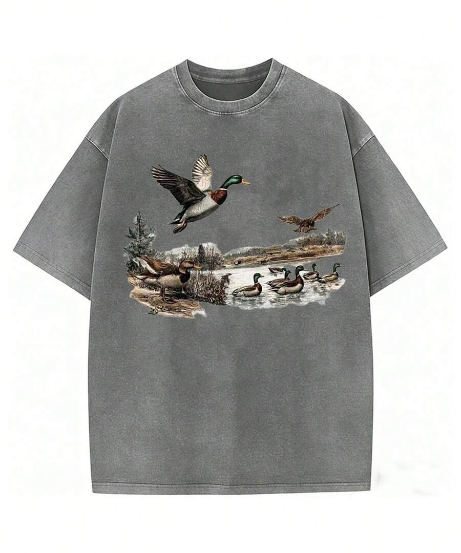 Women's Washed T-Shirt - Women's Washed T-Shirts, Retro Mallard Duck T-Shirts, Duck Hunting Shirts, Duck Hunter T-Shirts, Mallard Duck, Hunting T-Shirts, Streetwear, Local Warehouse. - Summer Tops - 2026 New Summer Outfits For Women - Women's Clothes - 100% Cotton Unisex Top - 灰色1 - 查看 1