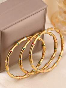 3pcs/1pc Vintage Minimalist Women's Stainless Steel Bamboo Joint Design Bracelet, Suitable For Daily And Vacation Wear, Also A Romantic Holiday Gift Set For Mother Or Girlfriend - Gold - View 3