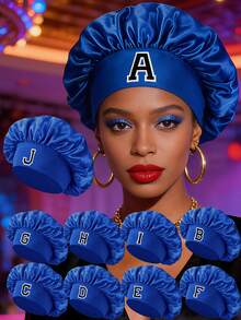 女士蓝色皇家蓝亮面缎面A-Z字母护发帽，采用亲肤透气面料，适合日常洗发、居家护理、夜间睡眠及全年使用。 - 藍色 - 查看 1