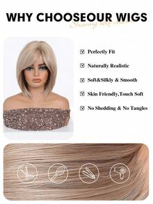 10英寸金根深色挑染短直波波头假发，女士耐热合成纤维假发，带刘海，黑白中分短直发假发，美丽日常女士合成纤维假发 - 挑染金色 - 查看 8