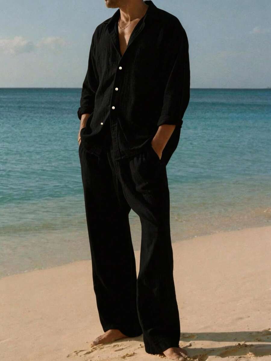 Conjunto de 2 piezas para hombre con camisa casual versátil de manga larga con botones completos y pantalones de unicolor con cordón