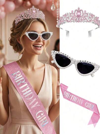 3/1pc Birthday Party Crown Glasses Shoulder Strap Accessories, Shiny Birthday Headband For Women, Decorative Accessories, Bridal Wedding Hair Hoop, Birthday Headpiece, Suitable For Party Decoration, Party Decorative Accessories