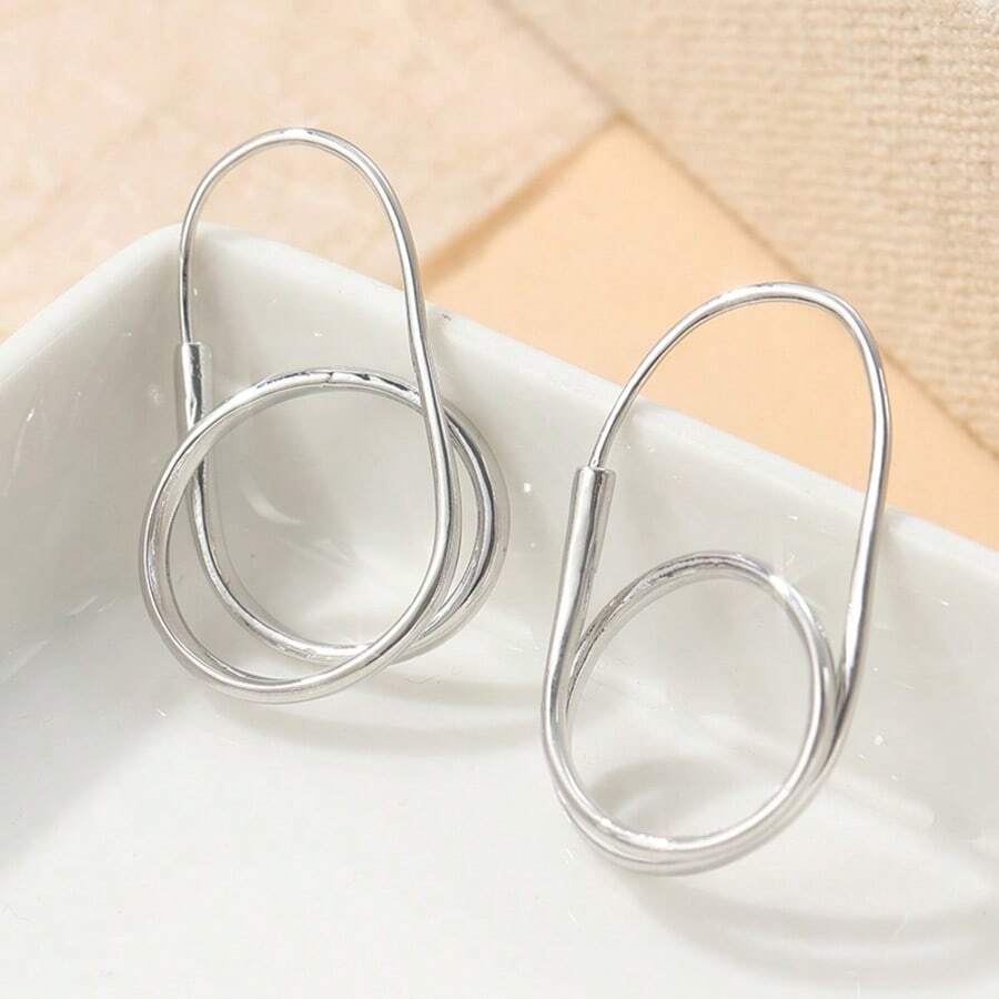 Vintage Copper Handmade Forged Twisted Cross Hoop Earrings, Minimalist Style Circular Earrings For Women - Silver - View 1