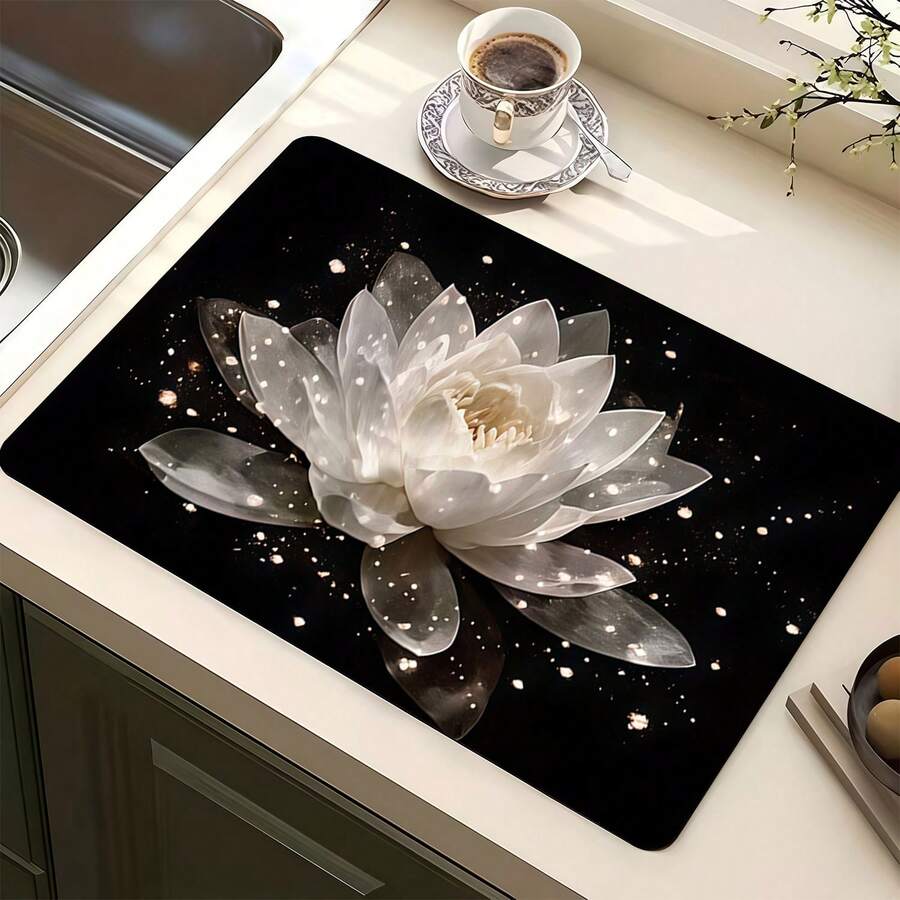 1 tấm thảm đa năng thấm hút, mạ vàng, họa tiết hoa sen trắng, chất liệu polyester chống thấm nước, thích hợp cho nhà bếp, trang trí bàn ăn, lau khô chén đĩa, máy giặt, máy pha cà phê, bàn trang điểm phòng tắm, phụ kiện nhà bếp, đồ dùng tiệc tùng. - Đêm Tối, Hoa Sen Trắng Vàng - Xem 1
