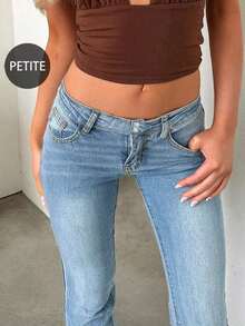 Retro Elegant High Waist Button Slim Fit Low Waist Sexy Casual Washed Solid Color Jeans Spring - 中等水洗 - 查看 7