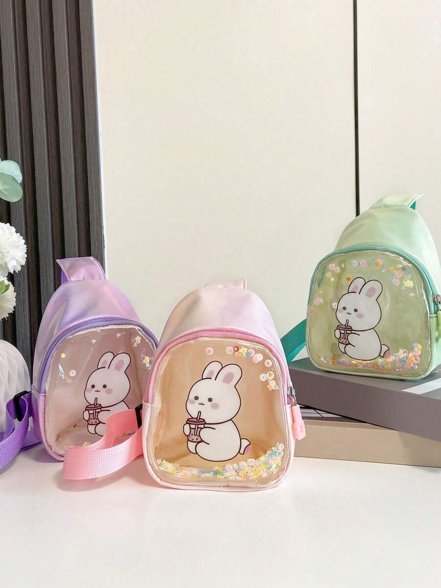 Túi đeo chéo in hình thỏ đính kim sa lấp lánh, khóa kéo, thích hợp sử dụng hàng ngày vào mùa xuân và mùa hè. - A - Xem 1