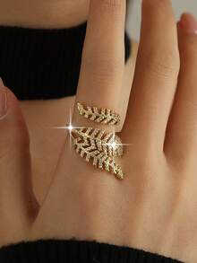 jealous young 1pc Luxury Big Three-Layer Leaf Shape Cubic Zirconia Women Rings,Fashion Unique Geometry Copper Ring,Suitable Daily Wear,Engagement/Wedding Banquets - Yellow Gold - View 4