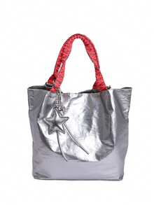 1pc Women's Contrast Color Shoulder Crossbody Bag, Large Capacity Glitter Tote Handbag, Suitable For Shopping, Commuting, Gift - Silver - View 8