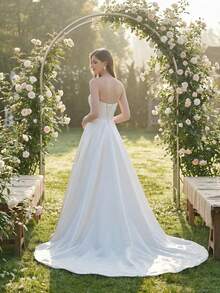 YOUKEFEIER Váy cưới dài gợi cảm không dây vai, xẻ cao, chất liệu satin bóng mượt. - Màu be - Xem 4