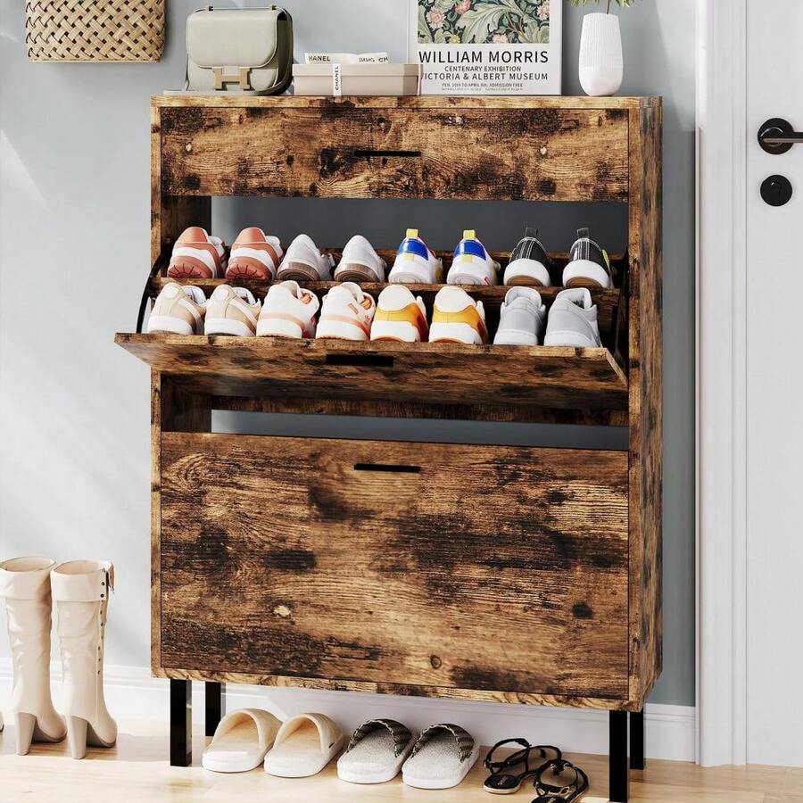Platzsparender schmaler Schuhschrank mit 3 Schubladen – Freistehend für Flur, Diele oder Veranda – 3-fach verstellbare Einlegeböden für Hausschuhe, Sneaker, High Heels, Stiefel – Modernes Design - Braun - Übersicht 1