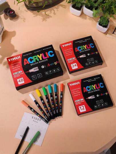 12/24/48/60/72/120/200 Color Professional Art Marker Pen Set, With Soft Brush Tips And Fine Liner Tips, 168 Soft Tips, Suitable For Painting, Sketching And Layering. Straight Liquid Acrylic Marker Pens Applicable On Rock, Glass, Ceramic, Easter Eggs, Metal, Wood And More, Waterproof. An Excellent Gift For Family And Friends! Perfect Back-To-School Gift...