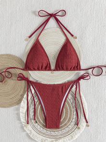 Premium European Halter Bikini With Striped Wavy Split Design, Stylish Color-Block Swimwear Summer - Big Red - View 3