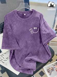 2026 Oversized Vintage Black Cotton Shirt With Face Print, Loose Fit,Vintage Washed Cotton Loose-Fit T-Shirt, Cute  Face And Heart Print - 紫色 - 查看 12