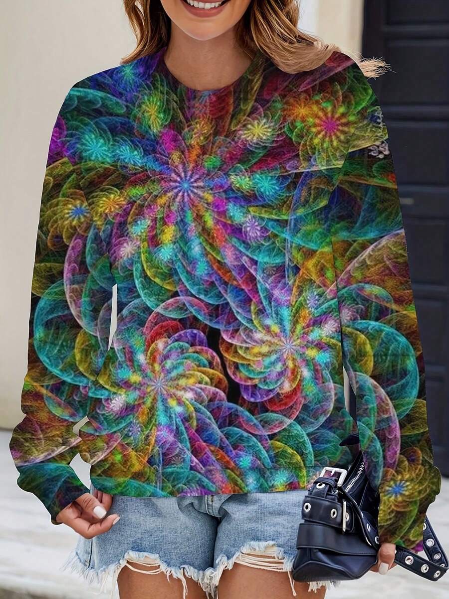 Plus Size Women's 3D Multicolor Mandala Flower Print Sweatshirt - Soft Crewneck Pullover Sweater With Turquoise/Purple/Pink/Green/Blue/Yellow/Orange Hues, Casual All-Season Wear, Washable Cozy Sweater Gifting - 彩色 - 查看 1