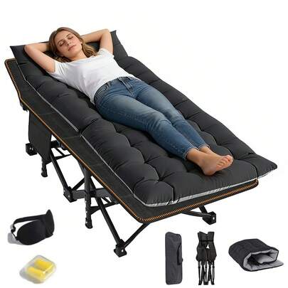cama plegable portátil para adultos está fabricada con un resistente tejido negro y cuenta con un diseño compacto y ligero, lo que la hace fácil de transportar y guardar. Es perfecta para acampadas, la playa, excursiones y picnics, y también es un regalo ideal para el Día del Padre o el Día de la Madre.