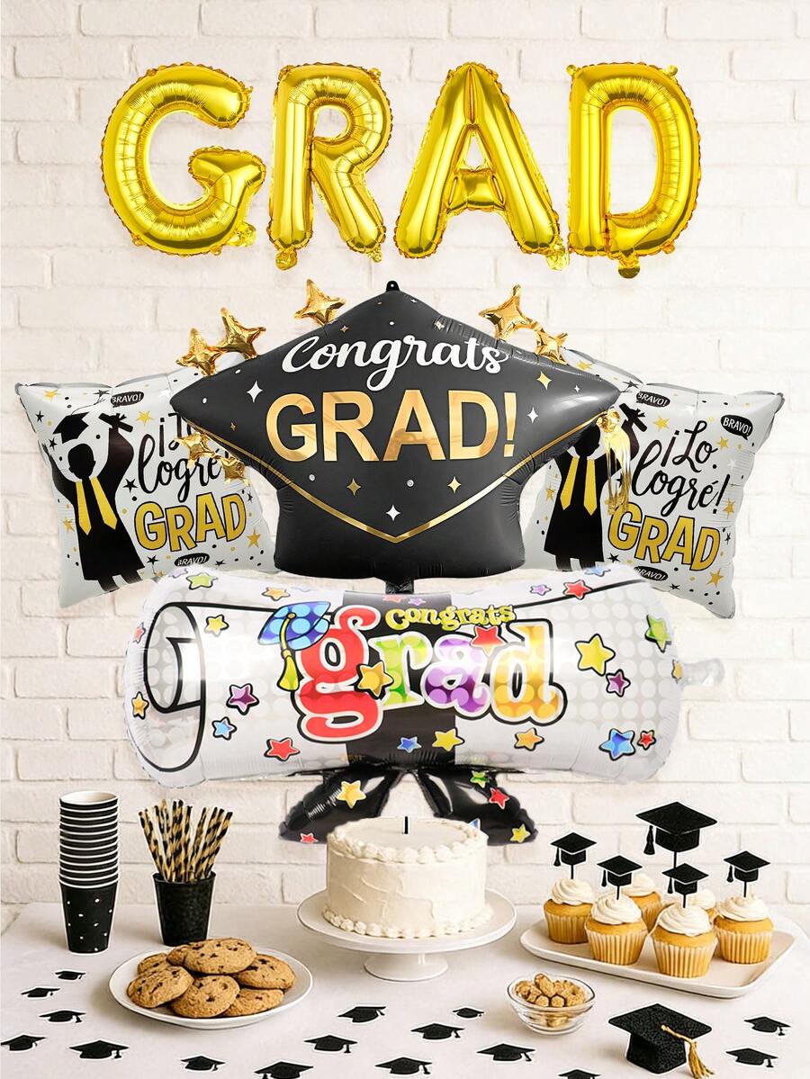 8件套金色毕业横幅和气球套装，包含“GRAD”字母气球、黑色毕业帽气球、彩色毕业证书气球，适用于2026届毕业派对装饰、祝贺2026届毕业生、毕业庆祝活动、毕业照背景。 - 多色 - 查看 1