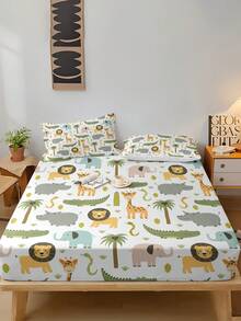 1件可爱动物图案床笠（仅床笠，不含枕套），适用于双人床/标准双人床/加大双人床/特大双人床。可作为床垫保护套，适用于卧室、客房、宿舍、酒店，四季皆宜。送给父母、朋友、伴侣的礼物 - 彩色 - 查看 5