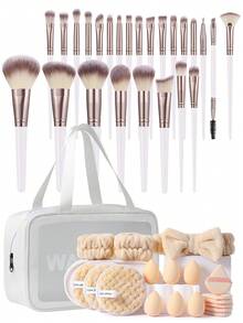 Bộ dụng cụ trang điểm 44 món bao gồm: Bộ 25 cọ trang điểm + 6 bông mút trang điểm + 6 bông phấn tam giác + 3 miếng mút tẩy trang + 2 dây đeo chậu rửa mặt + 1 băng đô + 1 túi đựng mỹ phẩm và đồ trang điểm đa năng có khóa kéo chống thấm nước. - trắng - Xem 9