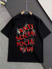 Black Short-Sleeved T-Shirt With Red Anti-Social Club Pattern And Barbed Wire Decoration Offers Men's Beachwear Tops Women's Sweatshirts. - 黑色 - 查看 4