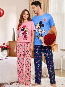 Disney 2 piezas Conjunto de pijama para el Día de San Valentín para mujer, top de manga corta y pantalón largo, conjunto de ropa de estar cómoda y suave, perfecto para relajarse en casa - Rosa Pálido - Ver 3