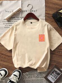 夏季新款简约时尚太阳字母印花休闲圆领短袖T恤，百搭且适合女性 - 杏色 - 查看 4