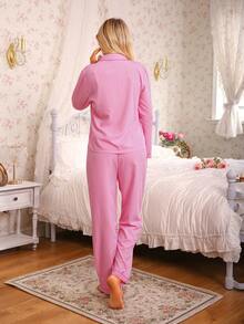 两件套条纹睡衣套装，甜美可爱翻领纽扣长袖上衣和裤子，女士居家睡衣和休闲服 - 粉色 - 查看 2