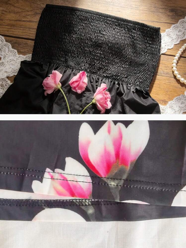 女士印花拼接无肩带抹胸连衣裙，夏季沙滩罩衫，休闲度假黑色优雅款 - 黑色 - 查看 4