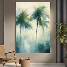 Cuadro Decorativo 2D Plano de Palmera Abstracta - Arte Moderno Minimalista Verde y Beige Tropical con Marco Envolvente, Diseño Texturizado de Pinceladas para Sala de Estar, Dormitorio, Baño, Cocina, Oficina en Casa, Aula - Impresión Decorativa Serena con Tema de Naturaleza, Decoración para Casa en la Playa, Decoración de Pared con Cuadros, Arte de Pared Enmarcado, Arte de Pared en Lienzo - Enmarcado - Ver 5