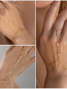 Yanxyad 1/3件套镀金手链，女士叠戴手链套装，可调节，精致戒指手链 - 金色 - 查看 8