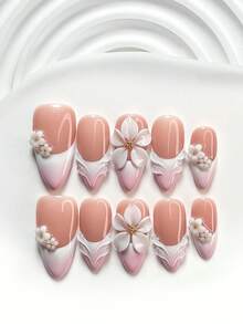 10件套通勤风手工美甲套装，包含凝胶指甲油套装、手工五瓣白花美甲装饰、3D白色山茶花、手绘纯色波纹、粉白指甲油，以及美甲工具（1个果冻贴纸+1个指甲锉）。提供三种尺寸：方形、短方形和杏仁形指甲。适合派对、日常佩戴、聚会、拍照、约会、春夏通勤等场合。 - 彩色 - 查看 3