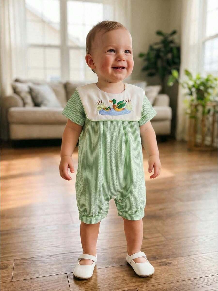 Baby Girl Summer Jumpsuit Short Sleeve Round Neck Duck Embroidery Stripe Romper For Outdoor Daily Wear - 綠色 - 查看 1
