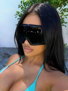 1 chiếc kính thời trang gọng cực lớn, phong cách công nghệ tương lai, cyberpunk, kính mắt thời trang dành cho nữ. - màu đen - Xem 1