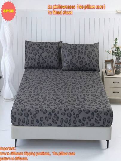 3pcs - 100% Polyester, Spotted Leopard Print Bedding Set | Fitted Sheet | Bedding Set | Multiple Sizes | Double Bed | Large Bed | Extra Large Bed | Single Bed | Mattress Protector | Bedroom | Guest Room | Dorm | Student Bed | 1 Fitted Sheet + 2 Pillowcases | No Filling