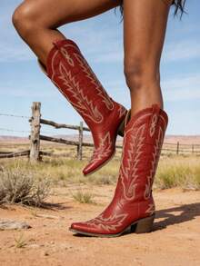 Women's Vintage Classic Western Knee High Cowboy Boots Fashion Embroider Block Chunky Heel Pull On Pointed Toe Retro Cowgirl Boots - Red - View 11