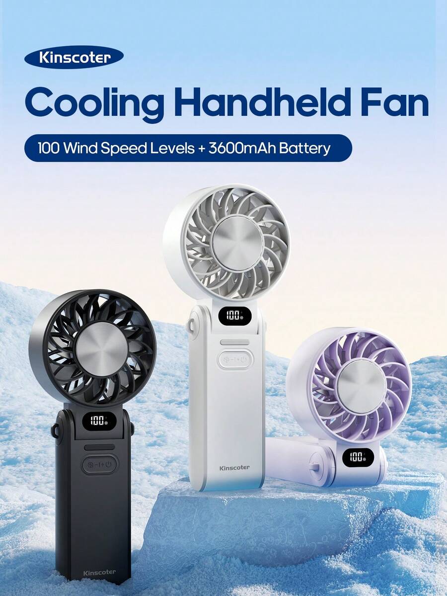 kinscoter 1个可充电3600mAh小型便携式手持风扇，露营旅行空气冷却器，LED显示屏，100档风速可调，个人降温迷你手持风扇，可折叠 - 手持 - 查看 1