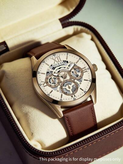 Guess Reloj cronógrafo multifunción para hombre, esfera blanca, correa de cuero marrón (GW0389G8)