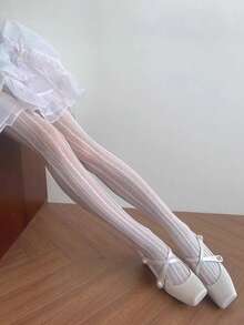 纯真少女白色丝袜，蕾丝镂空渔网连裤袜，高弹修身网眼裤 - 白色 - 查看 2