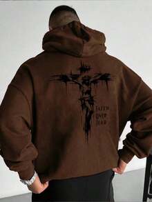 Nueva ropa de moda: Sudadera con capucha y cordón ajustable para hombre, corte holgado, con estampado de cruz de Jesús y letras, para primavera/otoño, manga larga. - Gris - Ver 1